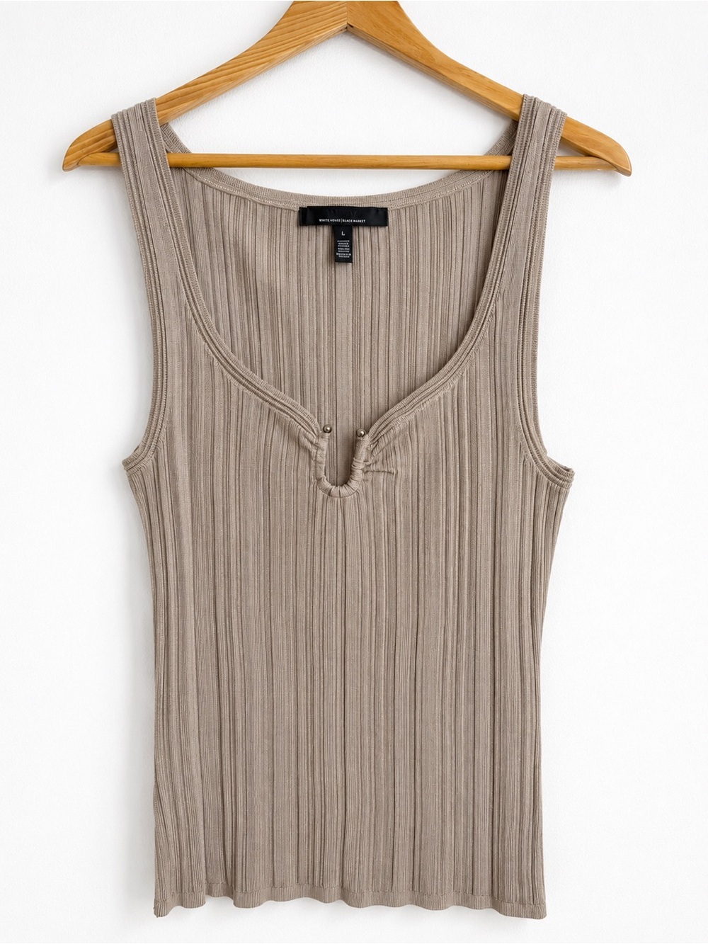 WHBM Ribbed Keyhole Tank Top Taupe Beige Size L Classic Feminine Quiet Luxury